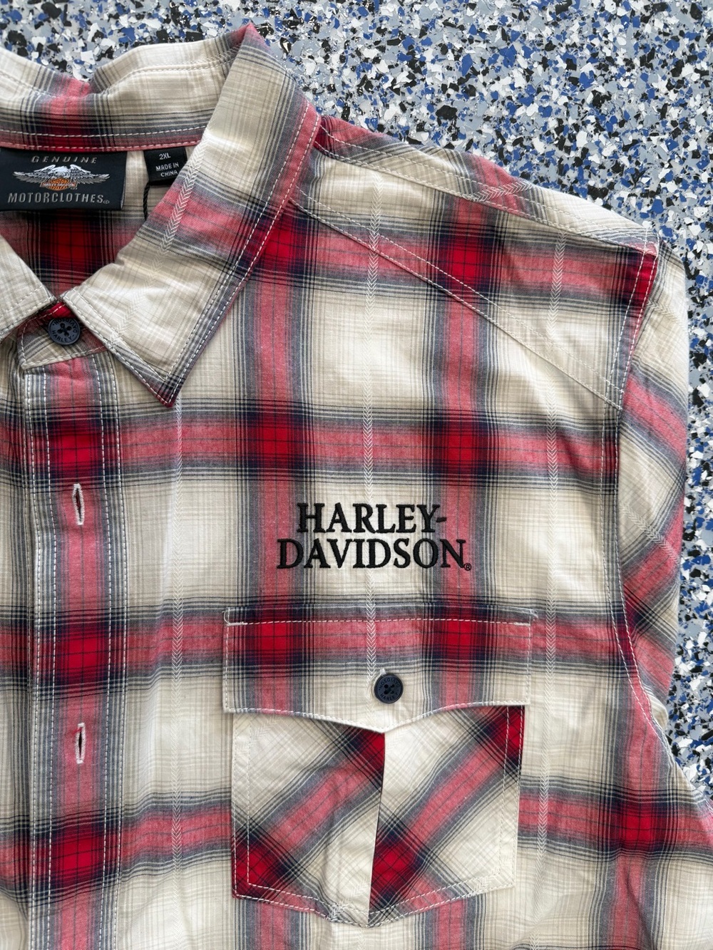 Harley-Davidson Red Cream Plaid Short-Sleeve Button-Down Shirt
